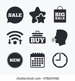 Sale speech bubble icon. Buy cart symbol. New star circle sign. Big sale shopping bag. Wifi internet, favorite stars, calendar and clock. Talking head. Vector