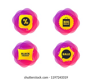Sale speech bubble icon. Discount star symbol. Black friday sign. Big sale shopping bag. Geometric gradient sales shapes. Creative banners. Template for design. Vector