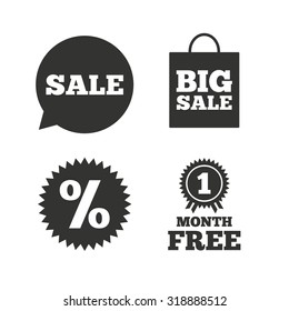 Sale speech bubble icon. Discount star symbol. Big sale shopping bag sign. First month free medal. Flat icons on white. Vector