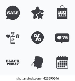 Sale speech bubble icon. Discount star symbol. Black friday sign. Big sale shopping bag. Flat talking head, calendar icons. Stars, like counter icons. Vector