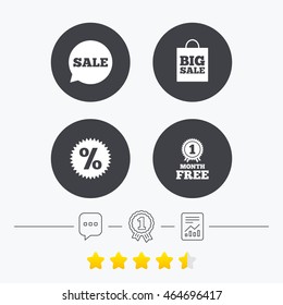 Sale speech bubble icon. Discount star symbol. Big sale shopping bag sign. First month free medal. Chat, award medal and report linear icons. Star vote ranking. Vector