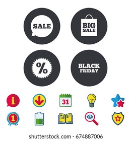 Sale speech bubble icon. Discount star symbol. Black friday sign. Big sale shopping bag. Calendar, Information and Download signs. Stars, Award and Book icons. Light bulb, Shield and Search. Vector