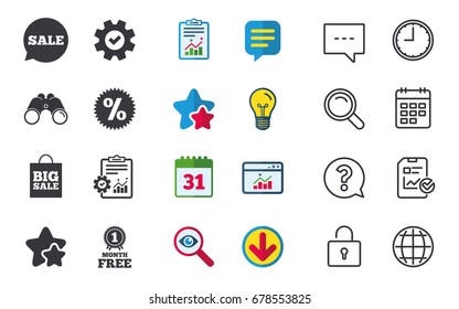 Sale speech bubble icon. Discount star symbol. Big sale shopping bag sign. First month free medal. Chat, Report and Calendar signs. Stars, Statistics and Download icons. Question, Clock and Globe