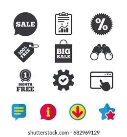 Sale speech bubble icon. Discount star symbol. Big sale shopping bag sign. First month free medal. Browser window, Report and Service signs. Binoculars, Information and Download icons. Stars and Chat