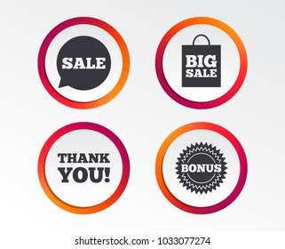 Sale speech bubble icon. Thank you symbol. Bonus star circle sign. Big sale shopping bag. Infographic design buttons. Circle templates. Vector