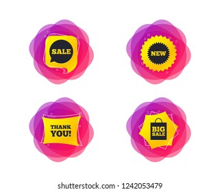 Sale speech bubble icon. Thank you symbol. New star circle sign. Big sale shopping bag. Geometric gradient sales shapes. Creative banners. Template for design. Vector