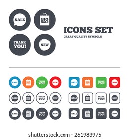 Sale speech bubble icon. Thank you symbol. New star circle sign. Big sale shopping bag. Web buttons set. Circles and squares templates. Vector