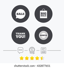 Sale speech bubble icon. Thank you symbol. Bonus star circle sign. Big sale shopping bag. Chat, award medal and report linear icons. Star vote ranking. Vector
