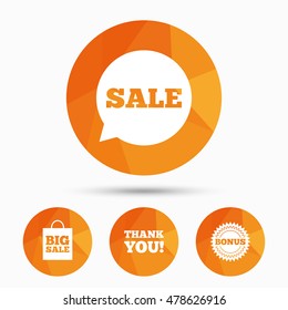 Sale speech bubble icon. Thank you symbol. Bonus star circle sign. Big sale shopping bag. Triangular low poly buttons with shadow. Vector