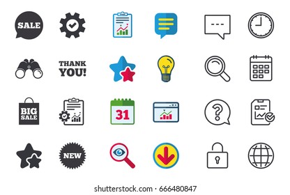 Sale speech bubble icon. Thank you symbol. New star circle sign. Big sale shopping bag. Chat, Report and Calendar signs. Stars, Statistics and Download icons. Question, Clock and Globe. Vector