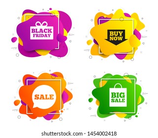 Sale speech bubble icons. Banner shape, various colors. Buy now arrow symbols. Black friday gift box signs. Big sale shopping bag. Geometric vector banner. Gradient liquid shape badge. Vector