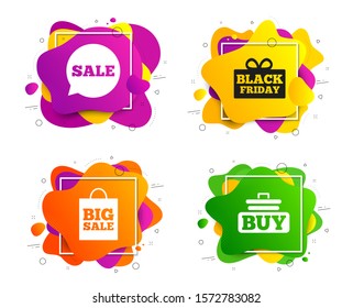 Sale speech bubble icons. Banner shape, various colors. Buy cart symbols. Black friday gift box signs. Big sale shopping bag. Geometric vector banner. Gradient liquid shape badge. Vector