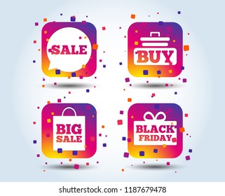 Sale speech bubble icons. Buy cart symbols. Black friday gift box signs. Big sale shopping bag. Colour gradient square buttons. Flat design concept. Vector
