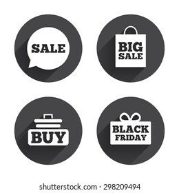 Sale speech bubble icons. Buy cart symbols. Black friday gift box signs. Big sale shopping bag. Circles buttons with long flat shadow. Vector