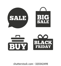 Sale speech bubble icons. Buy cart symbols. Black friday gift box signs. Big sale shopping bag. Flat icons on white. Vector