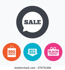 Sale speech bubble icons. Buy now arrow symbols. Black friday gift box signs. Big sale shopping bag. Circle flat buttons with icon.