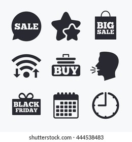 Sale speech bubble icons. Buy cart symbols. Black friday gift box signs. Big sale shopping bag. Wifi internet, favorite stars, calendar and clock. Talking head. Vector