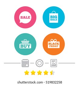 Sale speech bubble icons. Buy cart symbols. Black friday gift box signs. Big sale shopping bag. Calendar, cogwheel and report linear icons. Star vote ranking. Vector