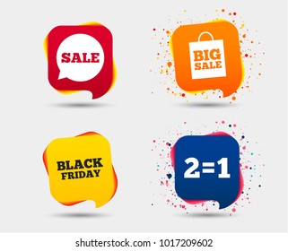 Sale speech bubble icons. Two equals one. Black friday sign. Big sale shopping bag symbol. Speech bubbles or chat symbols. Colored elements. Vector