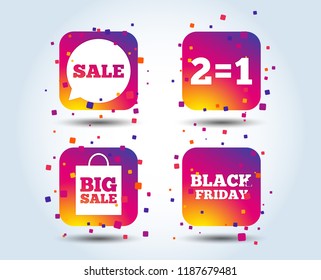 Sale speech bubble icons. Two equals one. Black friday sign. Big sale shopping bag symbol. Colour gradient square buttons. Flat design concept. Vector