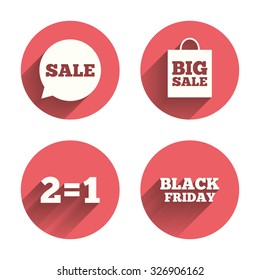 Sale speech bubble icons. Two equals one. Black friday sign. Big sale shopping bag symbol. Pink circles flat buttons with shadow. Vector