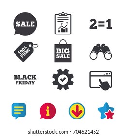 Sale speech bubble icons. Two equals one. Black friday sign. Big sale shopping bag symbol. Browser window, Report and Service signs. Binoculars, Information and Download icons. Stars and Chat. Vector
