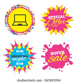 Sale splash banner, special offer star. Laptop sign icon. Notebook pc symbol. Shopping night star label. Vector