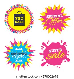 Sale splash banner, special offer star. 70% sale bag tag sign icon. Discount symbol. Special offer label. Shopping night star label. Vector
