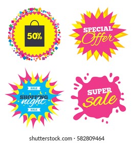 Sale splash banner, special offer star. 50% sale bag tag sign icon. Discount symbol. Special offer label. Shopping night star label. Vector