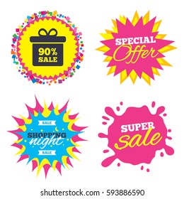 Sale splash banner, special offer star. 90% sale gift box tag sign icon. Discount symbol. Special offer label. Shopping night star label. Vector