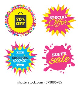 Sale Splash Banner, Special Offer Star. 70% Sale Bag Tag Sign Icon. Discount Symbol. Special Offer Label. Shopping Night Star Label. Vector