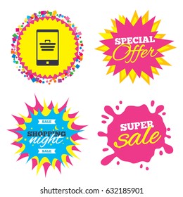 Sale splash banner, special offer star. Smartphone with shopping cart sign icon. Online buying symbol. Shopping night star label. Vector