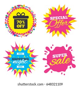 Sale splash banner, special offer star. 70% sale gift box tag sign icon. Discount symbol. Special offer label. Shopping night star label. Vector