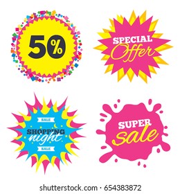 Sale splash banner, special offer star. 50 percent discount sign icon. Sale symbol. Special offer label. Shopping night star label. Vector