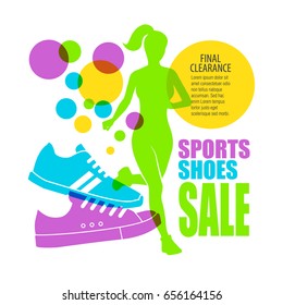 Sale of sports shoes. Running girl. Vector illustration.