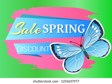 Sale spring discount label blue butterfly with dots, wings with ornaments and antenna, morpho springtime creature vector promo price off reduce concept emblem