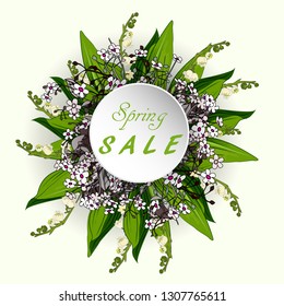 Sale spring flower vector banner. Flyer 
 for the International Women's Day,  March 8 with decor of tender flowers. Spring bouquet of  lilly of the valley and forget me not.