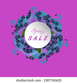 Sale spring flower vector banner. Flyer 
 for the International Women's Day,  March 8 with decor of pink flowers. Spring bouquet of  lilly of the valley flamingo.