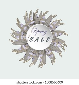 Sale spring flower vector banner. Flyer 
 for the International Women's Day,  March 8 with decor of white flowers. Spring bouquet of  lilly of the valley.