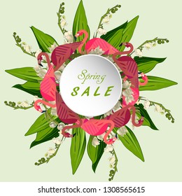 Sale spring flower vector banner. Flyer 
 for the International Women's Day,  March 8 with decor of flowers. Spring bouquet of  lilly of the valley and flamingo.