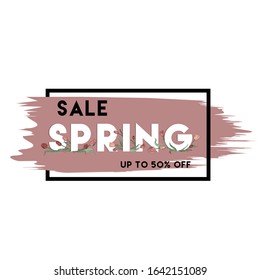 Sale. Spring lettering with hand drawn tulips. Up to 50% off. Vector template. Doodle black frame and pink grunge stroke background.
