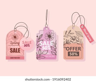 sale spring season deals tags hanging in pink background vector illustration design