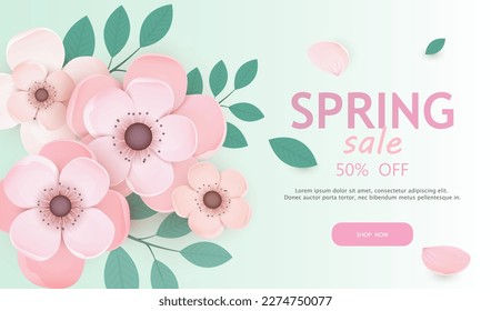 Sale spring vector background with pink flowers. Floral design price coupon. Seasonal holiday on green backdrop. Decoration for banner, flyer or voucher discount.	
