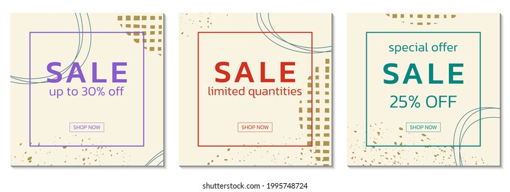 Sale square background set with abstract shapes and geometric design elements. Discount frame, banner, poster or price off card collection. Vector illustration.