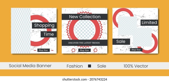 Sale square banner Fashion store social media post template. Web ads banner, Promotional ads design. Red and white colors. New collection, Limited sale, shopping time