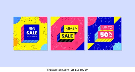 Sale square banner template for social media posts, mobile apps, banners design, web or internet ads. Trendy abstract square template with memphis colorful concept.
