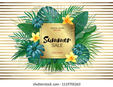 Sale. Square summer sale tropical leaves frame on gold striped backdrop. Tropical flowers, leaves and plants background