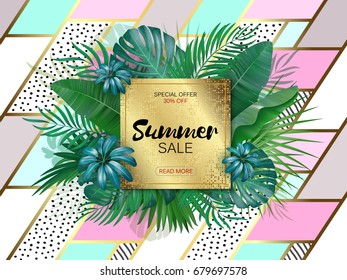 Sale. Square summer sale tropical leaves frame on hand drawing patch work backdrop. Tropical flowers, leaves and plants background