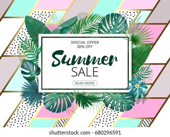 Sale. Square summer sale tropical leaves frame on hand drawing patch work backdrop. Tropical flowers, leaves and plants background. Horizontal format.