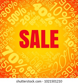 Sale square word cloud made of different percentages of discounts. Vector illustration for advertising offer